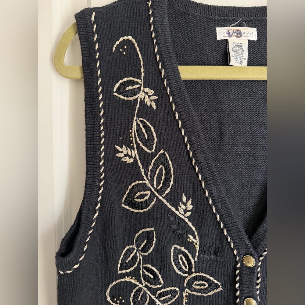 Yar works L Black Embroidered Vest with Leaf Design boho formal goth western - Picture 6 of 8